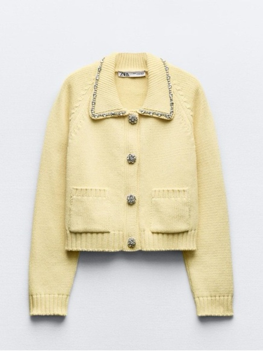 Zara Light Yellow Knit Cardigan with Crystal Trim